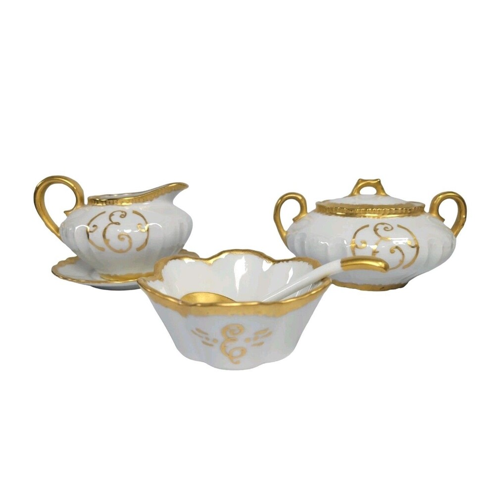 Vtg TK Thun Gold Trim Porcelain Monogrammed "E" Cream and Sugar Set
